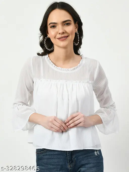 Mustard chiffon three-quarter sleeve women's solid top, pure cotton, office and casual wear