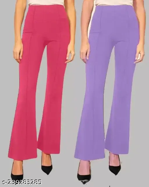 Classic women's flared pants in pink and purple cotton blend, regular fit