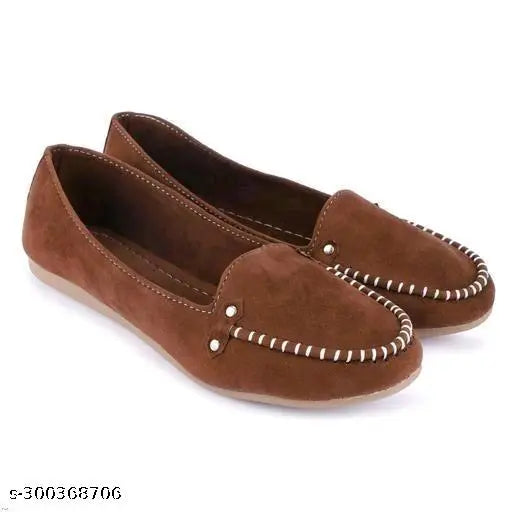 Brown suede women's slip-on shoes with a front strap and button details.