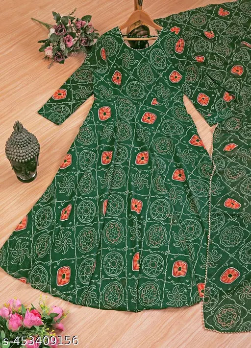 Green Georgette Gown with Floral Prints & Dupatta, three-quarter sleeves, Indian handloom