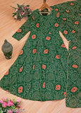 Green Georgette Gown with Floral Prints & Dupatta, three-quarter sleeves, Indian handloom