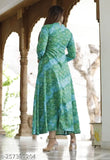 Green cotton printed anarkali dress kurta, three-quarter sleeves, Mandarin collar, Indian women's fashion