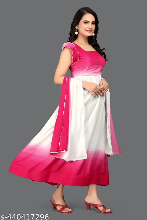 Multicolor digital printed bamboo gown with pink dupatta, sleeveless and full fit for party wear trending styles