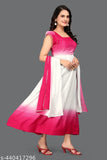 Multicolor digital printed bamboo gown with pink dupatta, sleeveless and full fit for party wear trending styles
