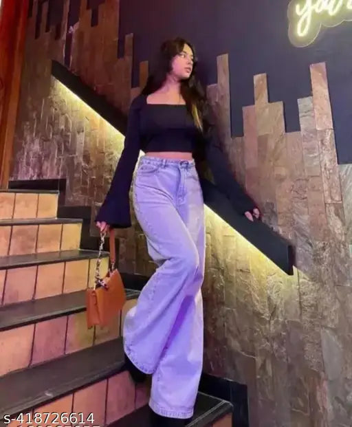 Trendy denim wide-leg jeans with side pockets for women, available in sizes 24-34 (India)