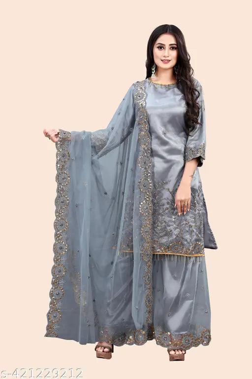 Women's long length embroidered salwar set with zari cut work and dupatta draping, ethnic motifs, Yoke design, sequin fabric