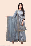 Women's long length embroidered salwar set with zari cut work and dupatta draping, ethnic motifs, Yoke design, sequin fabric