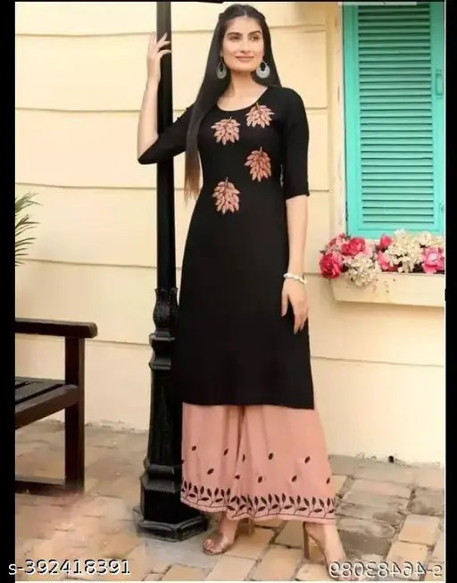 Rayon Trending Women Kurta with Palazzos, solid embroidery on a pack of 2 sizes S-XXXL