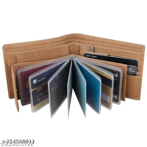 Beige artificial leather men's album wallet, regular size with 11 card slots. Solid style, high-quality stitching, and additional photo sleeves for a durable and classy accessory. Perfect compact gift for men