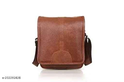 Brown synthetic leather casual crossbody bag, featuring a flap closure and multiple pockets, for men's fashionable business style office travel