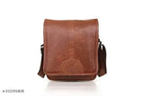 Brown synthetic leather casual crossbody bag, featuring a flap closure and multiple pockets, for men's fashionable business style office travel
