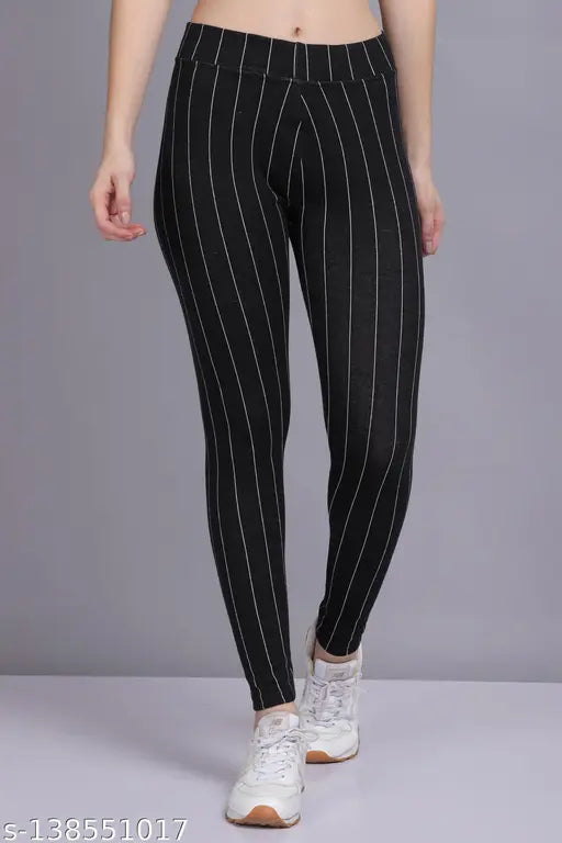 AXOLOTL Premium cotton ribbed stripes jegging for women, versatile piece for multiple upper outfits. Cold water wash only, dry in shades. Sizes: 26 (Waist 26in, Length 35in), 28, 30, 32, 34 (Waist 34in, Length 35in). Made in India