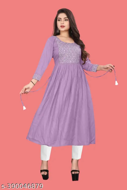 Trendy viscose rayon kurti, three-quarter sleeves, embroidered design - women's fashion from India