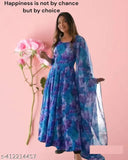 Blue heavy Georgette gown with dupatta, printed design for ladies, India origin