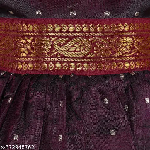 Maroon satin sleeveless party frock with embroidery and gold trim for kids girls, floor length