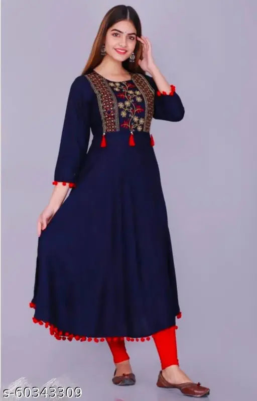 Rayon, embroidered #03 Latkan blue kurti with three-quarter sleeves, India-made fashion on display