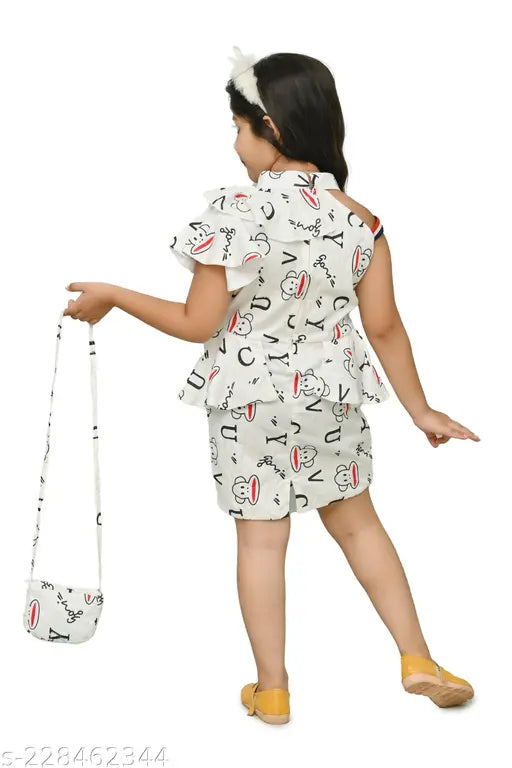 Stylish girls' dress with sling bag, featuring playful cat print and a matching shoulder purse