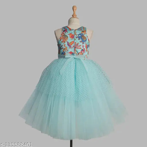 Girls' party wear dress in sky blue with animal print and golden embellishments, hi-low skirt style