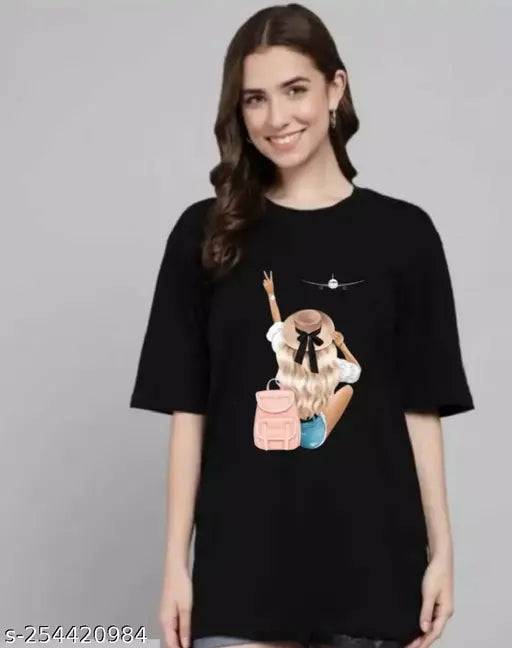 Black t-shirt with a graphic print of a girl and a dog