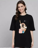 Black t-shirt with a graphic print of a girl and a dog