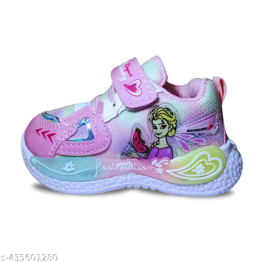 Purple and pink kid sneakers with cartoon character design