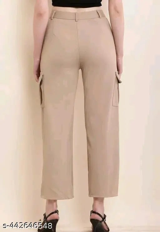 Beige cotton-lycra cargo pant & trouser for women - solid style with large pockets, size 26, 28, 30, or 32 (India origin)