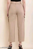 Beige cotton-lycra cargo pant & trouser for women - solid style with large pockets, size 26, 28, 30, or 32 (India origin)