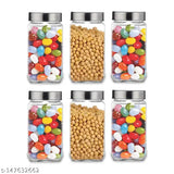 Transparent glass storage jars, set of 6, round with see-through cap, 1000ml capacity, kitchen pantry use