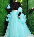 Velvet-embellished flared net lehenga set with dupatta, semi-stitched (44in waist, 44in length), Indian origin