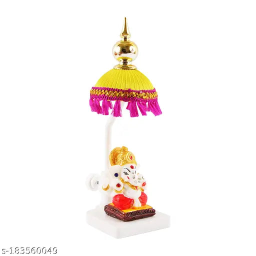 Marble polyresin Ganesha idol with fabric chatri stand, versatile for car dashboards, office tables, and study tables - divine decor for Diwali celebration