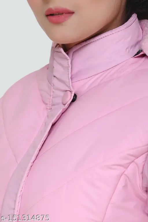 PU quilted nylon zipper jacket for women in solid color, long sleeves, size M (Bust 40in, Length 25in, Waist 38in, Hip 42in, Shoulder 42in)