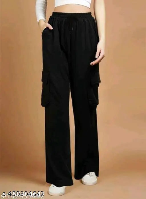 Solid cotton lycra cargo pants for girls - fashionable essential for everyday wear, India origin