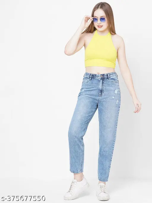 Mom fit high rise women jeans, blue wash denim