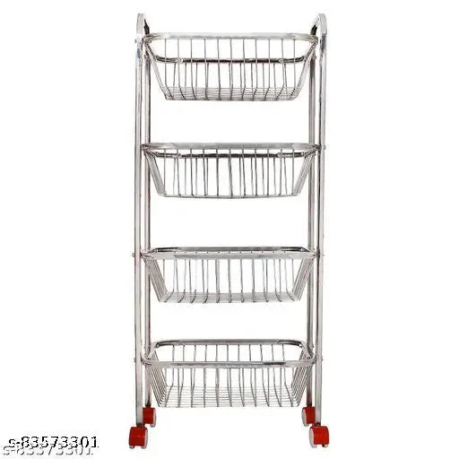 Stainless steel 4-shelf fruit and vegetable trolley with wheels - sleek kitchen organizer, ideal for modular storage, Indian-crafted design