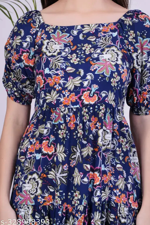 Rayon blue floral Anarkali Kurta, three-quarter sleeves, printed design on Indian women's fashion