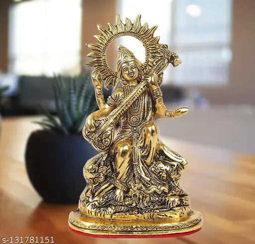 Gold plated metal Saraswati idol, durable home decor with antique finish (8 cm x 23 cm x 13 cm)