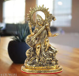 Gold plated metal Saraswati idol, durable home decor with antique finish (8 cm x 23 cm x 13 cm)