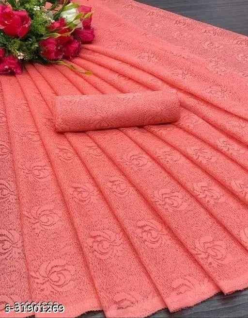 Indian net saree with semi-stitched blouse, free size, self-design pattern, single length 5.5m