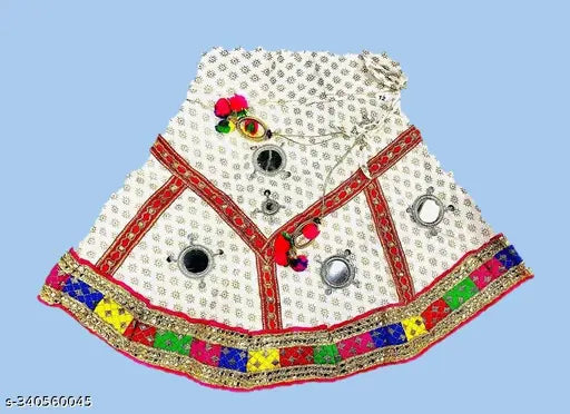 PK HUB baby girl's art silk & cotton blend embroidered lehenga-choli set with dupatta. Sleeveless, hand wash only. Perfect for Janmashtami Radha dress, Navratri, weddings, and parties." (107 characters)