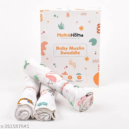 Organic cotton muslin swaddle gift set (3 items), premium, multi-color, animal print, breathable, for newborns