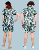 Green abstract cotton lycra coord set for men and women, stylish nightsuit combo with free scrunches by ANSH COLLECTION