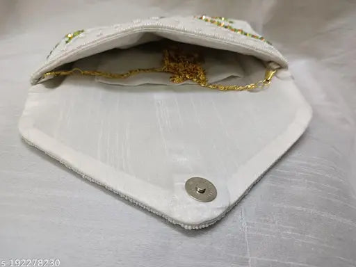 Beige linen evening party sling bag with gold detailing