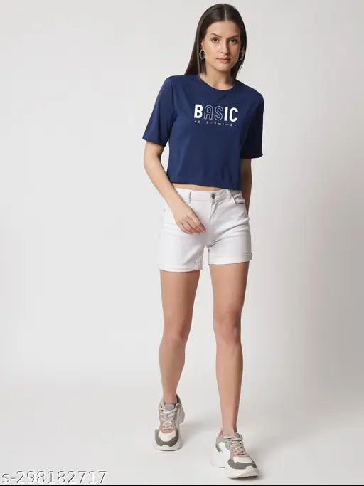 Navy blue graphic print crop t-shirt, pure cotton blend with short sleeves and round neck. Women's cropped top with printed design, made in India