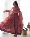 Pure soft fox Georgette Kalamkari print anarkali with dupatta set, ready-to-wear Indian women's full flair dress with long sleeves on mannequin