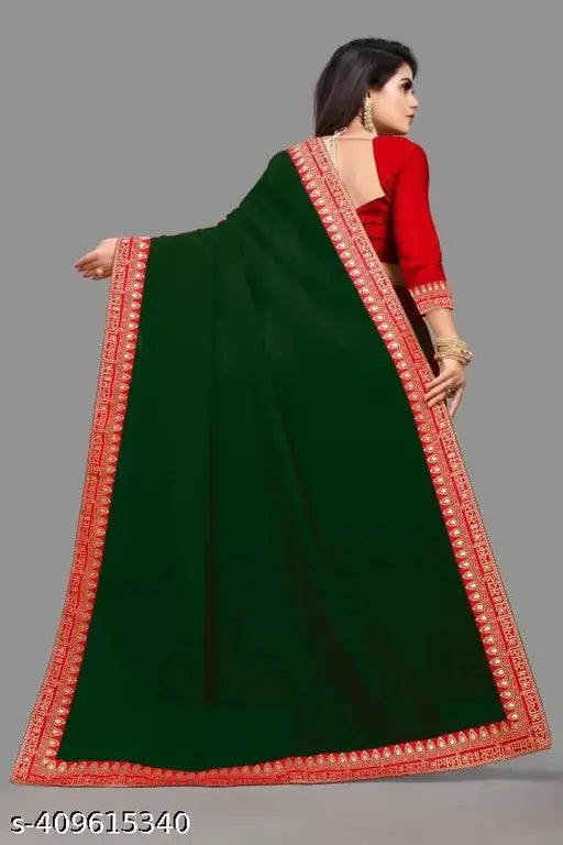 Green and red silk saree, embroidered border