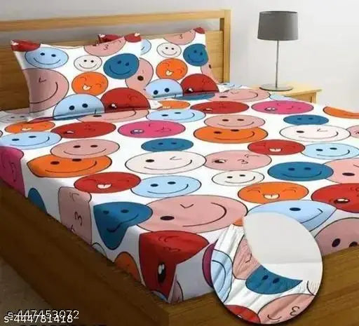 Super Soft Glace cotton fitted double bed sheets with 2 pillow covers, 72x78x8 inches - vibrant cartoon print for summer, ideal for adults