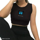 Sky blue Lycra round neck rib top with butterfly print, ideal for regular wear by women and girls