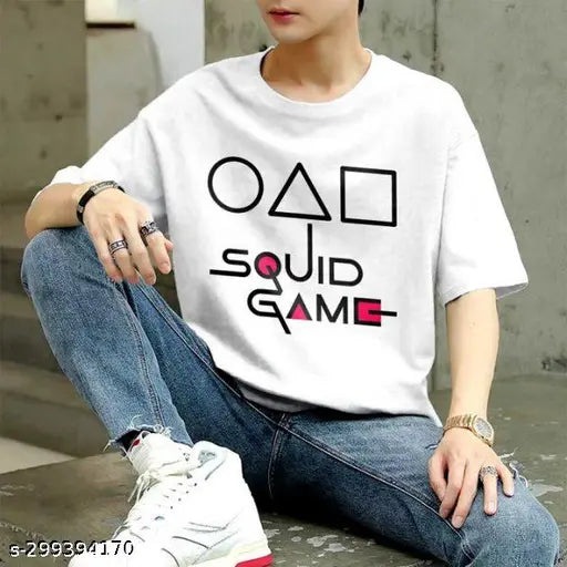 White printed polyester Unisex Squid Game round neck half sleeve T-shirt, high-quality fabric, comfortable fit