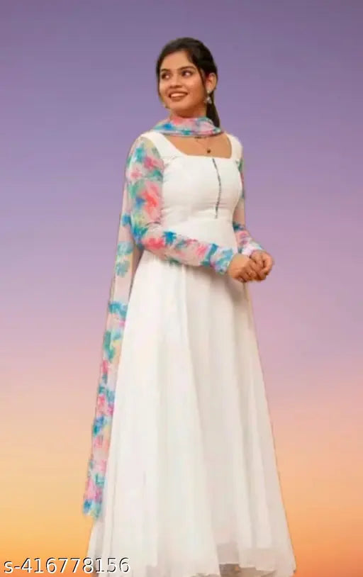 Fancy white Georgette kurti5 with printed combo, long sleeves and dupatta. Pastel shades, full sleeve western look