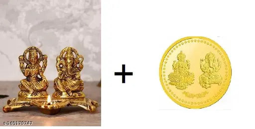 Metal Ganesha Laxmi idol with golden coin, Hindu deity figures for puja and Diwali decor